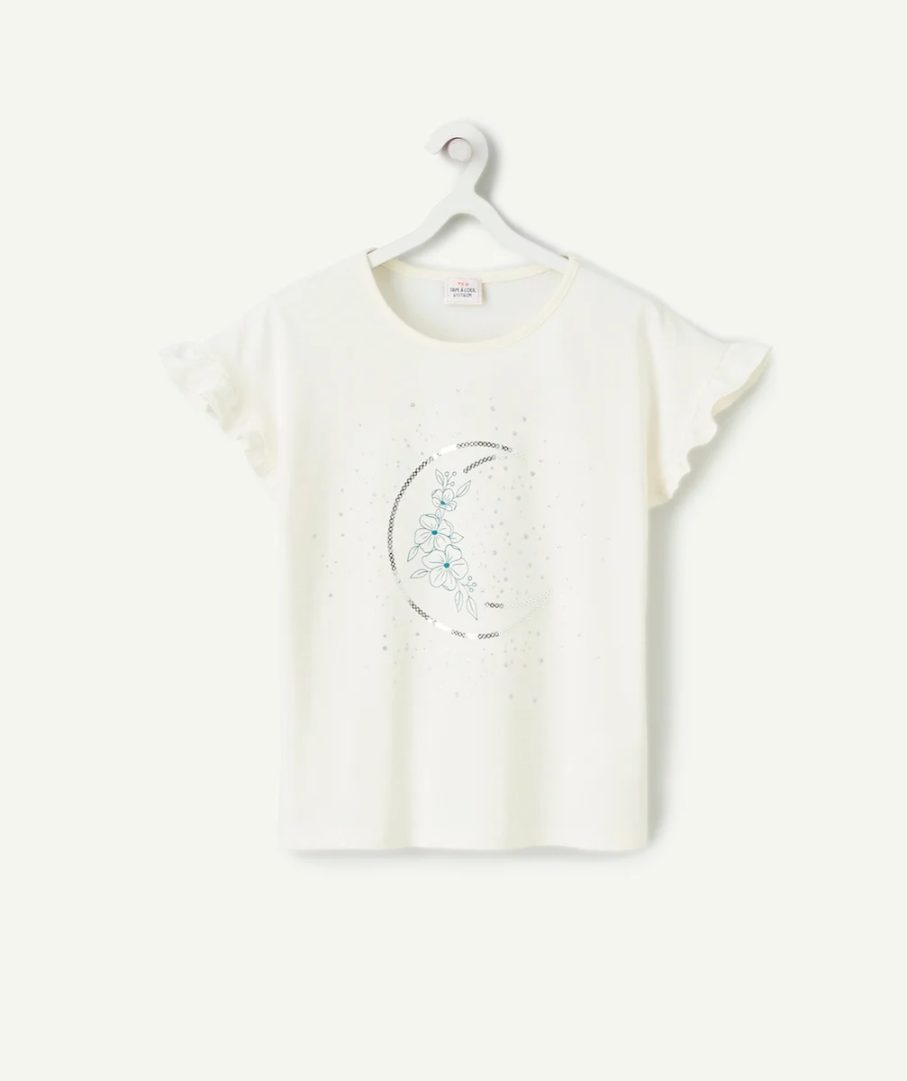 t-shirt manches courtes fille blanc en coton bio motif lune