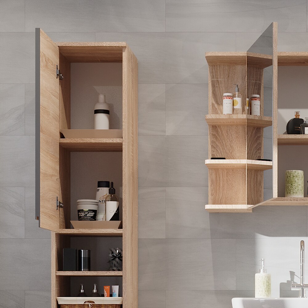 Vicco Hochschrank Badschrank Badezimmermöbel J-shape Sonoma Anthrazit modern 30x190cm Badezimmer Schrank Badmöbel Schranktür Schrankfach Aufbewahrung Ablage