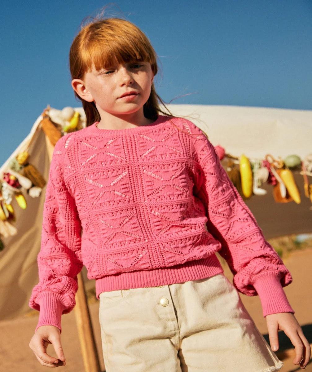 PULL EN CROCHET FILLE EN COTON BIO ROSE