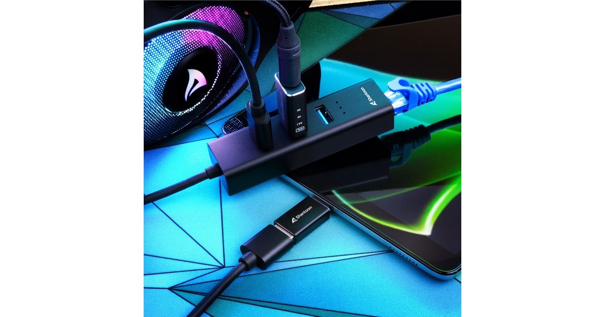 Sharkoon3-Port USB 3.2 Gen 1 Aluminium + Gigabit LAN dockingstation  (Zwart)