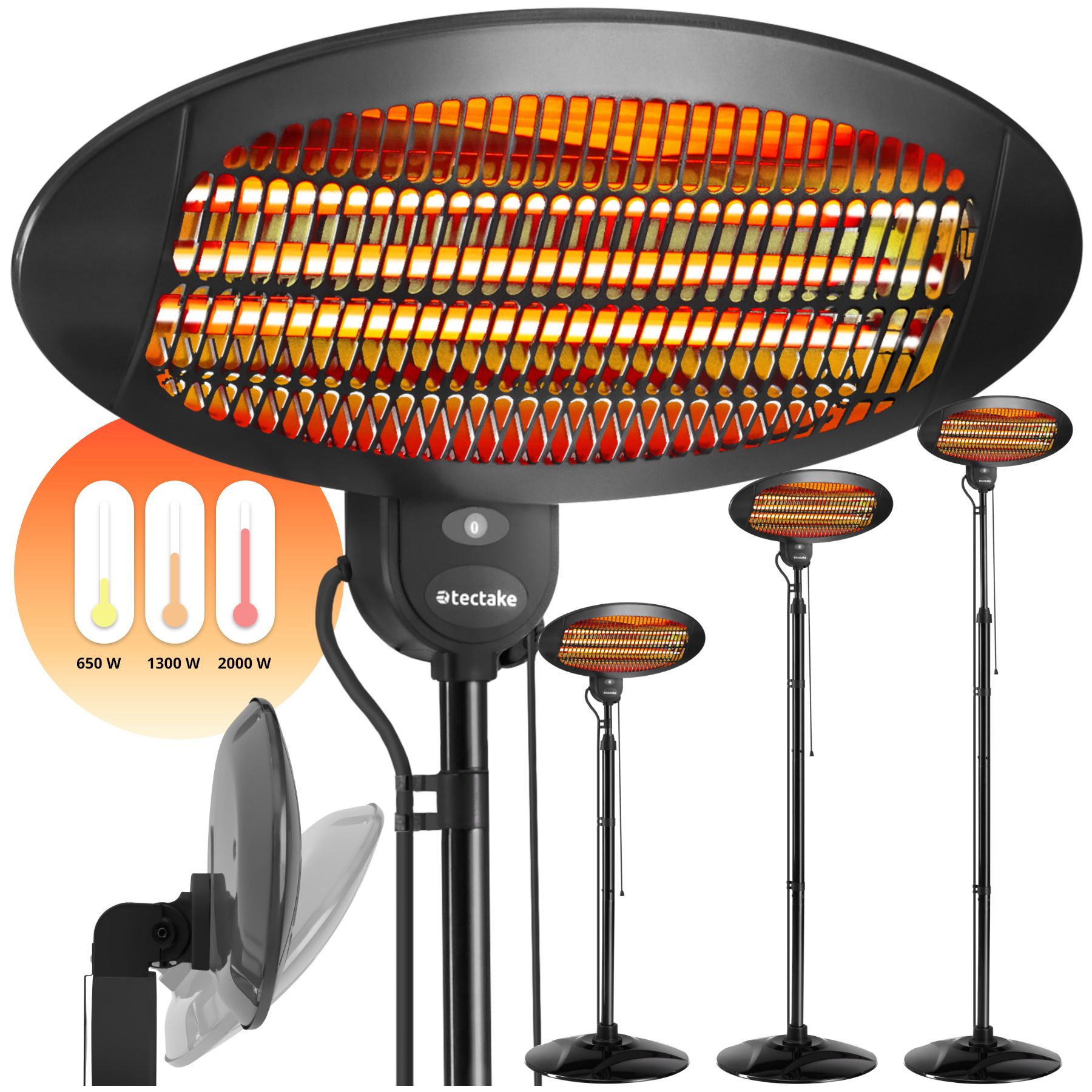 tectake® Infrarotheizstrahler, 3 Leistungsstufen, 650, 1300 und 2000 W, höhenverstellbar und neigbar, Wandmontage möglich, 50 x 50 x 136 - 213 cm