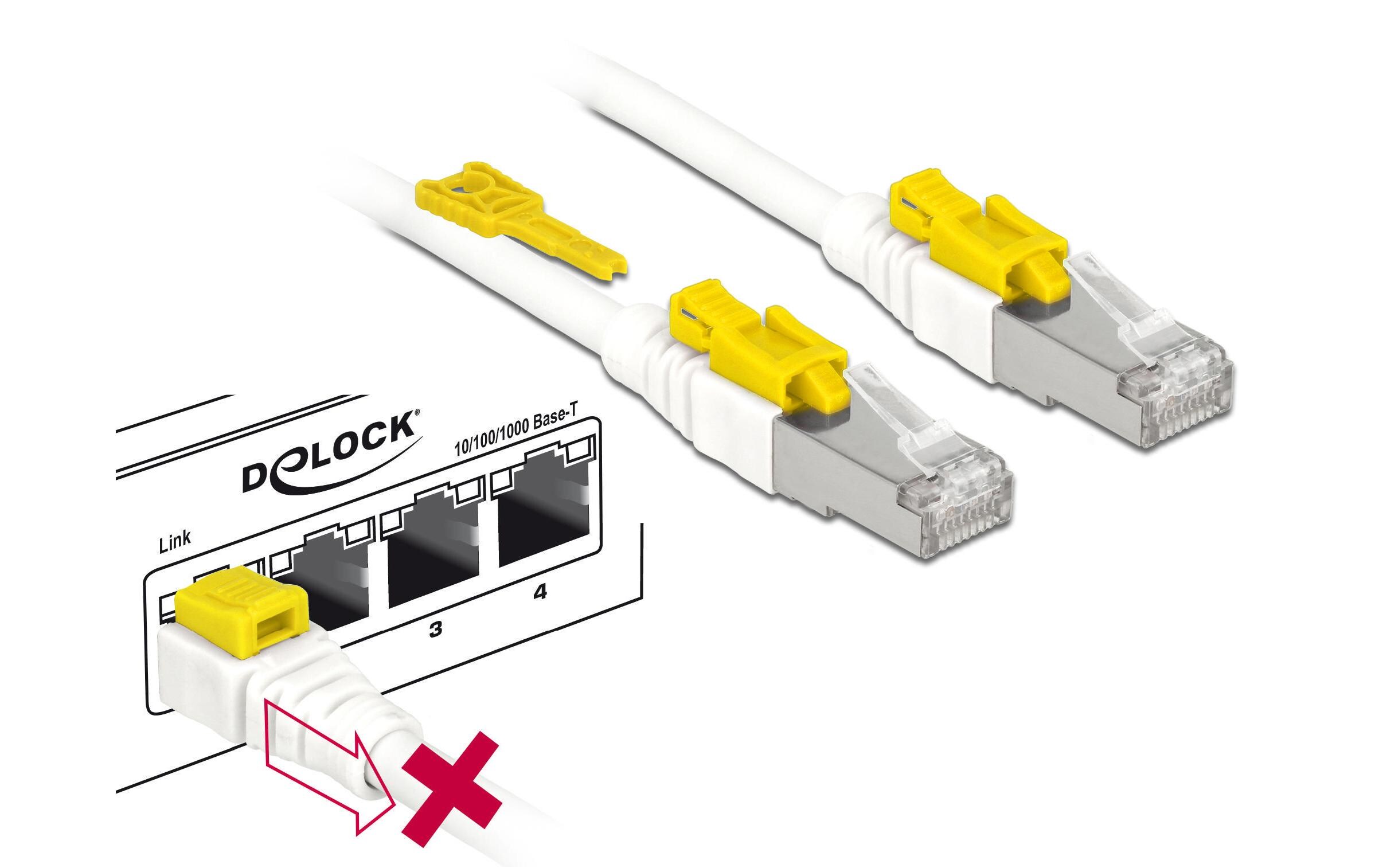 Patchkabel Cat 6A, S/STP, 3 m, Weiss, verriegelbarDelock Kabel RJ45 Secure Cat.6A 3 m