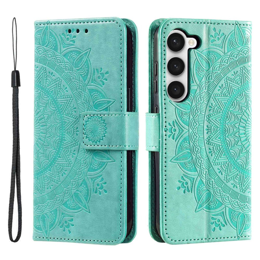 Samsung Galaxy S23 5G Leder Tasche Wallet - Mandala Flowers Imprint - Türkis