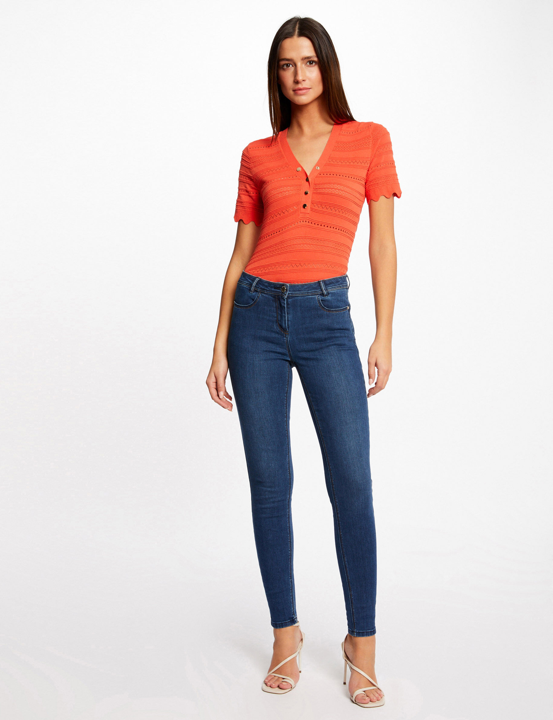 Pull manches courtes détails ajourés orange femme - orange
