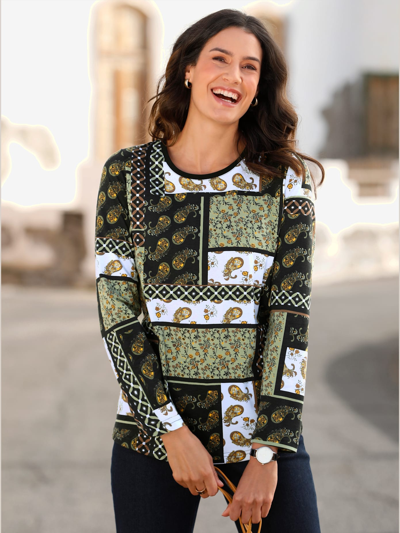 T-shirt mélange coton-modal col rond manches longues