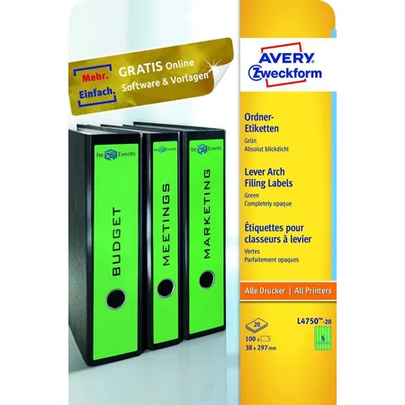 Avery Zweckform L4750-20 Ordnerrücken Etiketten A4, mit ultragrip, 38 x 297 mm, schmal/lang, 20 Bogen/100 Etiketten, grün