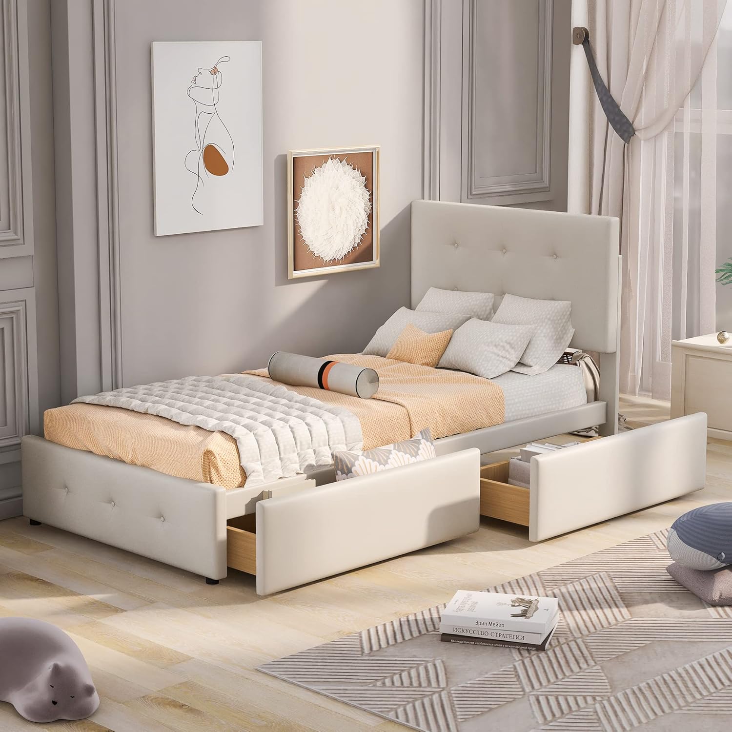 Polsterbett mit Lattenrost und Schubladen, 90x200 cm, Einzelbett mit höhenverstellbarem Kopfteil, Bezug aus Samt (beige)