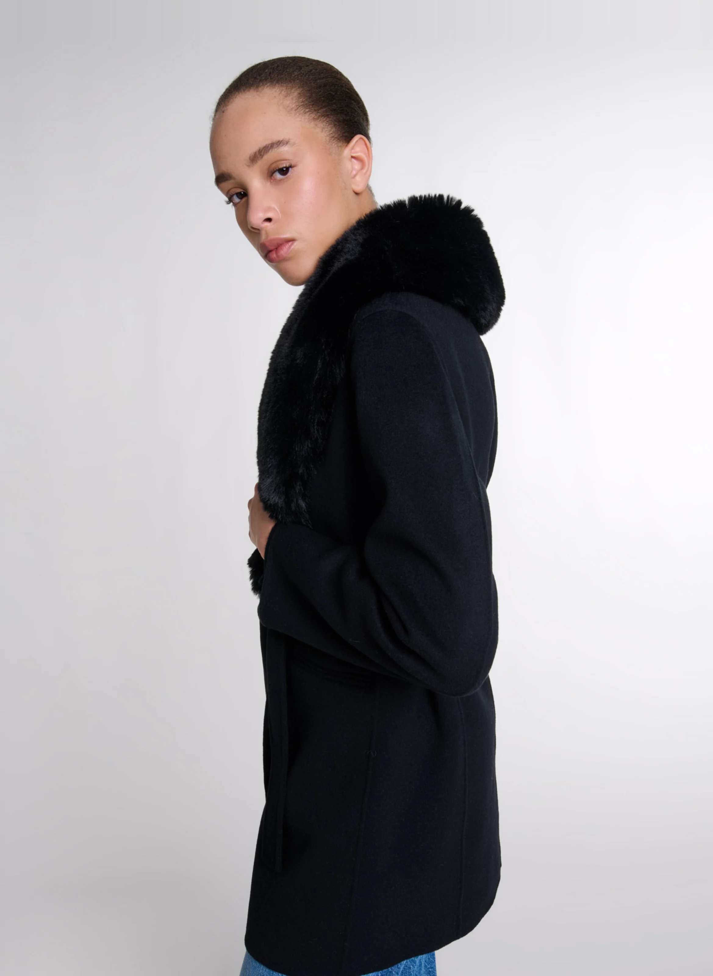 Manteau col effet fourrure en laine mélangée | Noir