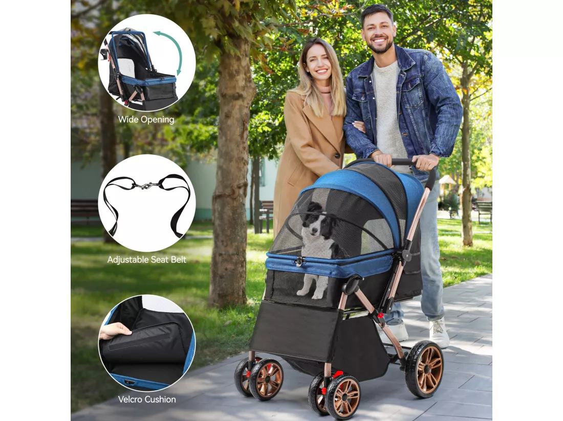 YITAHOME Poussette pour Chien Chat - avec Panier de Rangement - 4 Roulettes - Pliable - Bleu