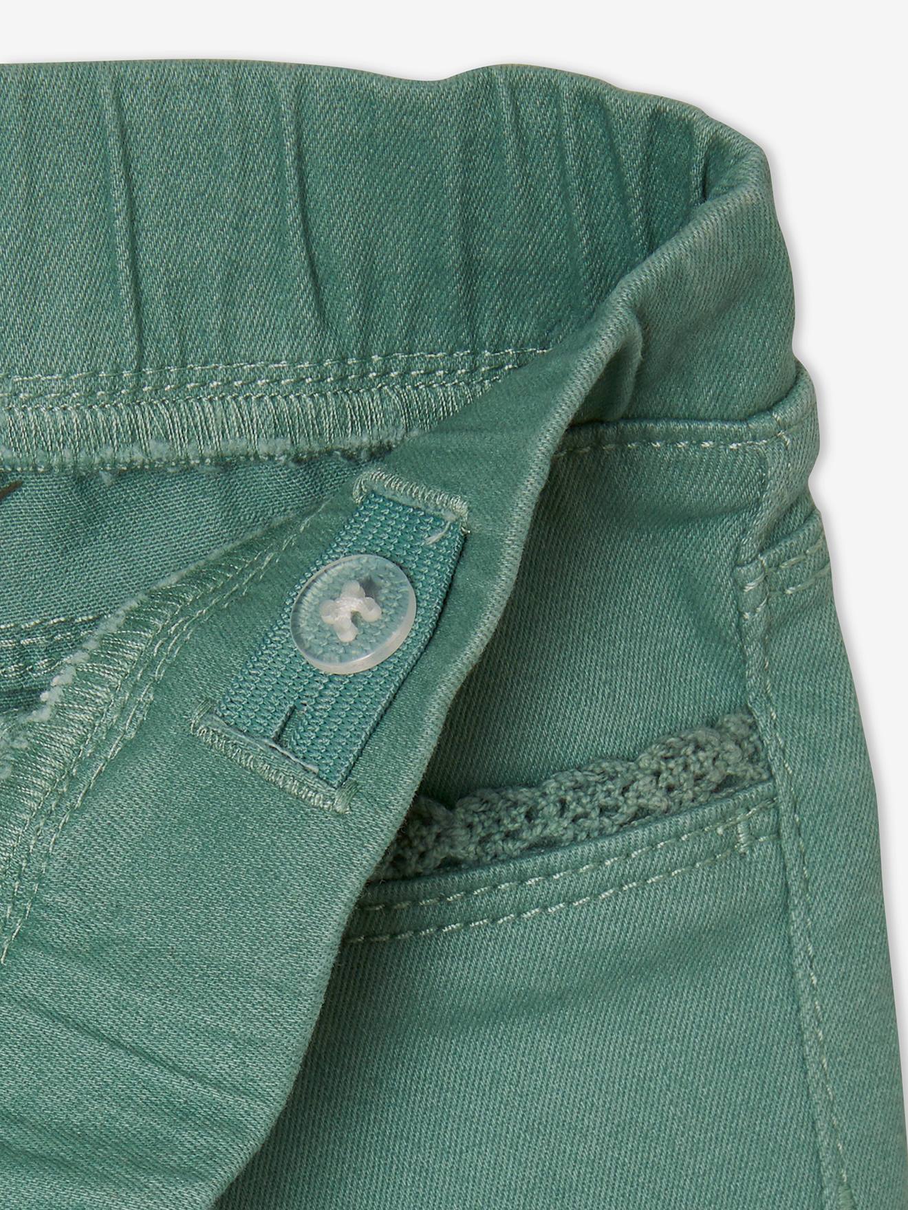Calça legging curta com acabamento em macramê, para meninas, verde claro liso