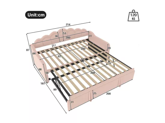 Canapé-lit 90x200/180x200 cm - avec lit gigogne - avec bande lumineuse LED - velours - rose (matelas non inclus)