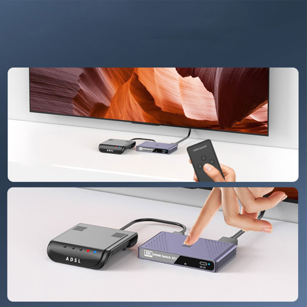 HDMI 3 in 1 Audio und Video Switch Splitter Adapter 8K@60Hz inkl. USB-C Port und Fernbedienung - Grau