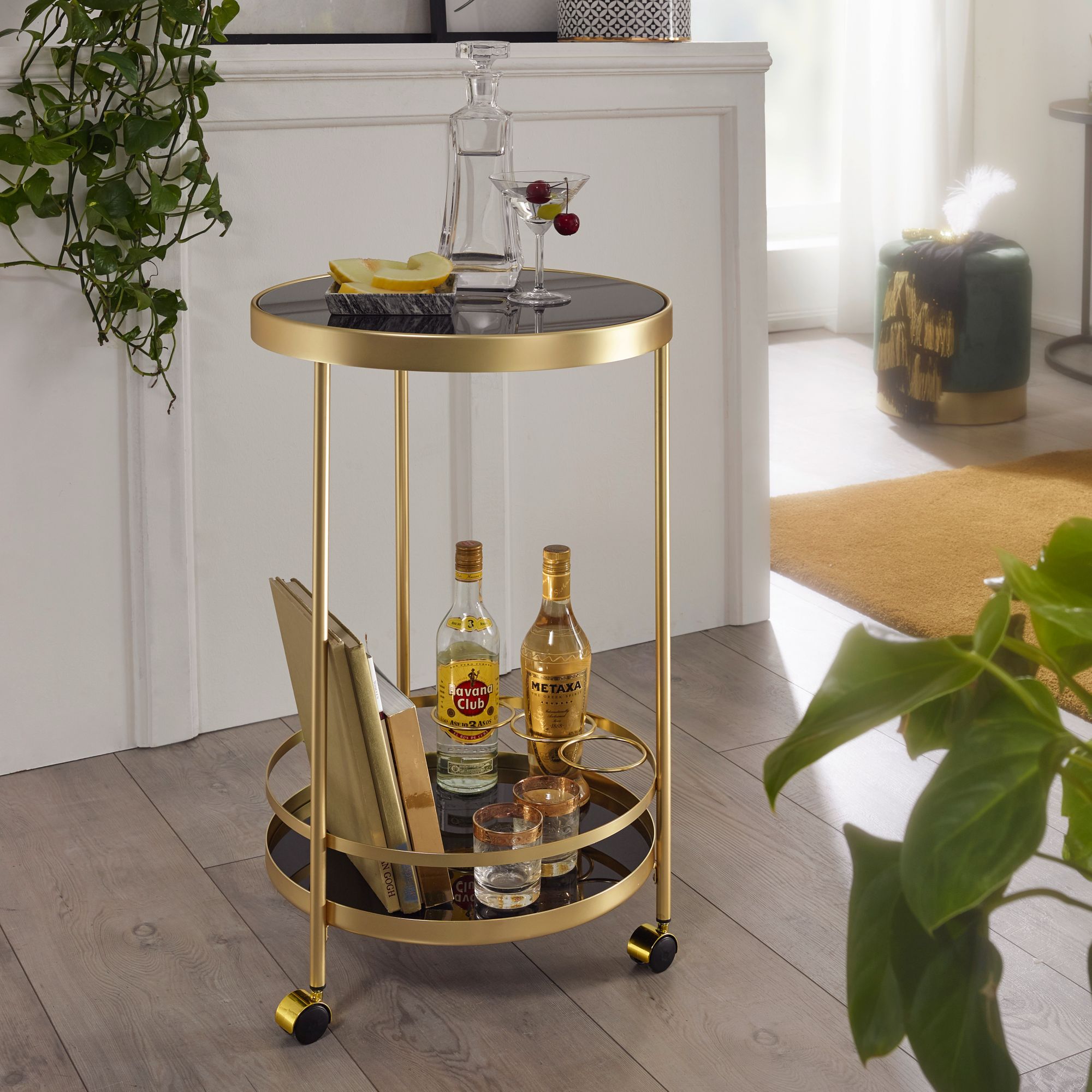 KADIMA DESIGN Goldener Servierwagen mit Retro-Charme und Schwarzem Sicherheitsglas