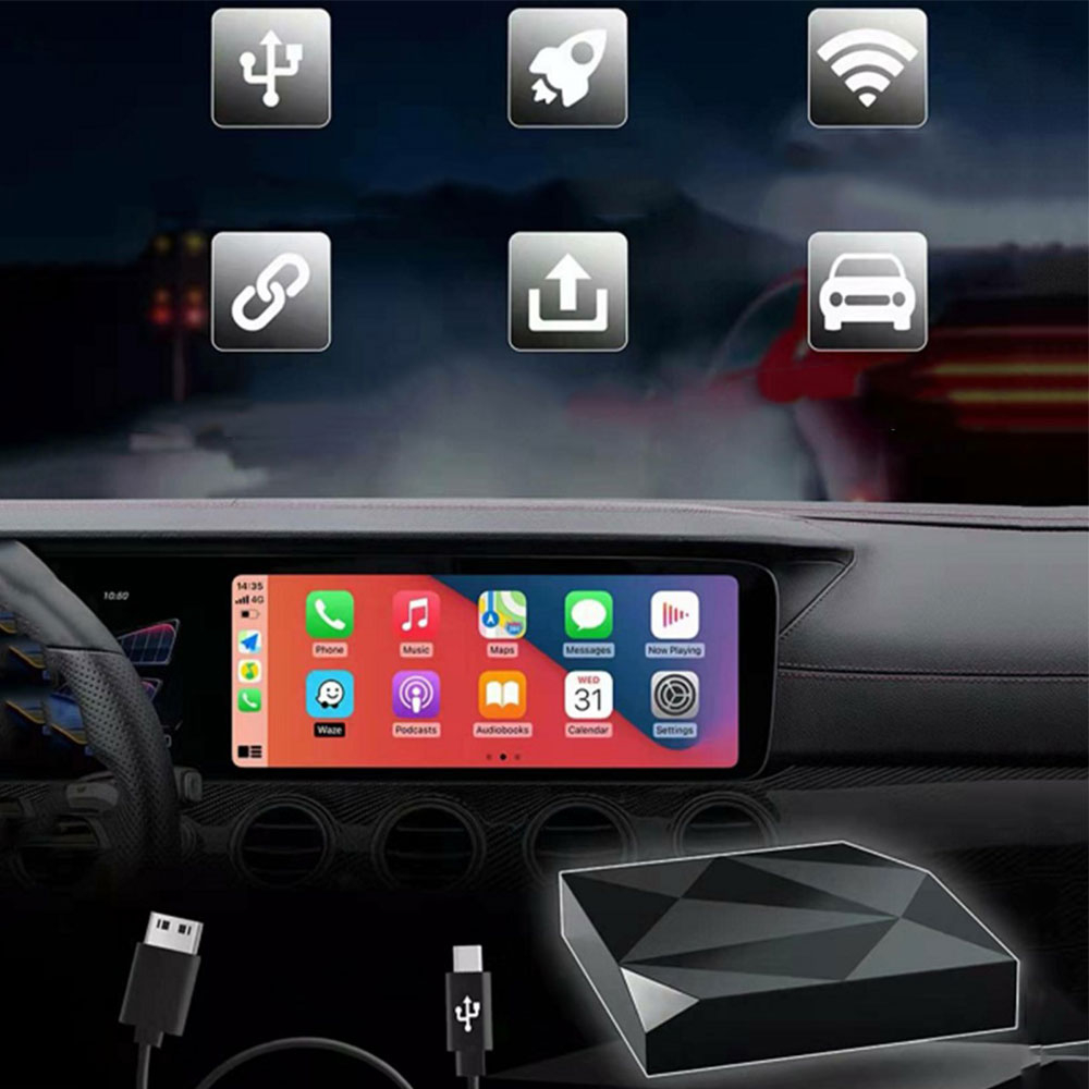 Bluetooth Apple Carplay Auto KFZ Adapter mit USB A und USB-C Verbindungskabel für Apple iOS Smartphones (Siri) - Schwarz