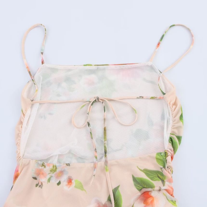 Cumulys - Spaghettibandjes bloemenprint ruches asymmetrische midi-jurk
