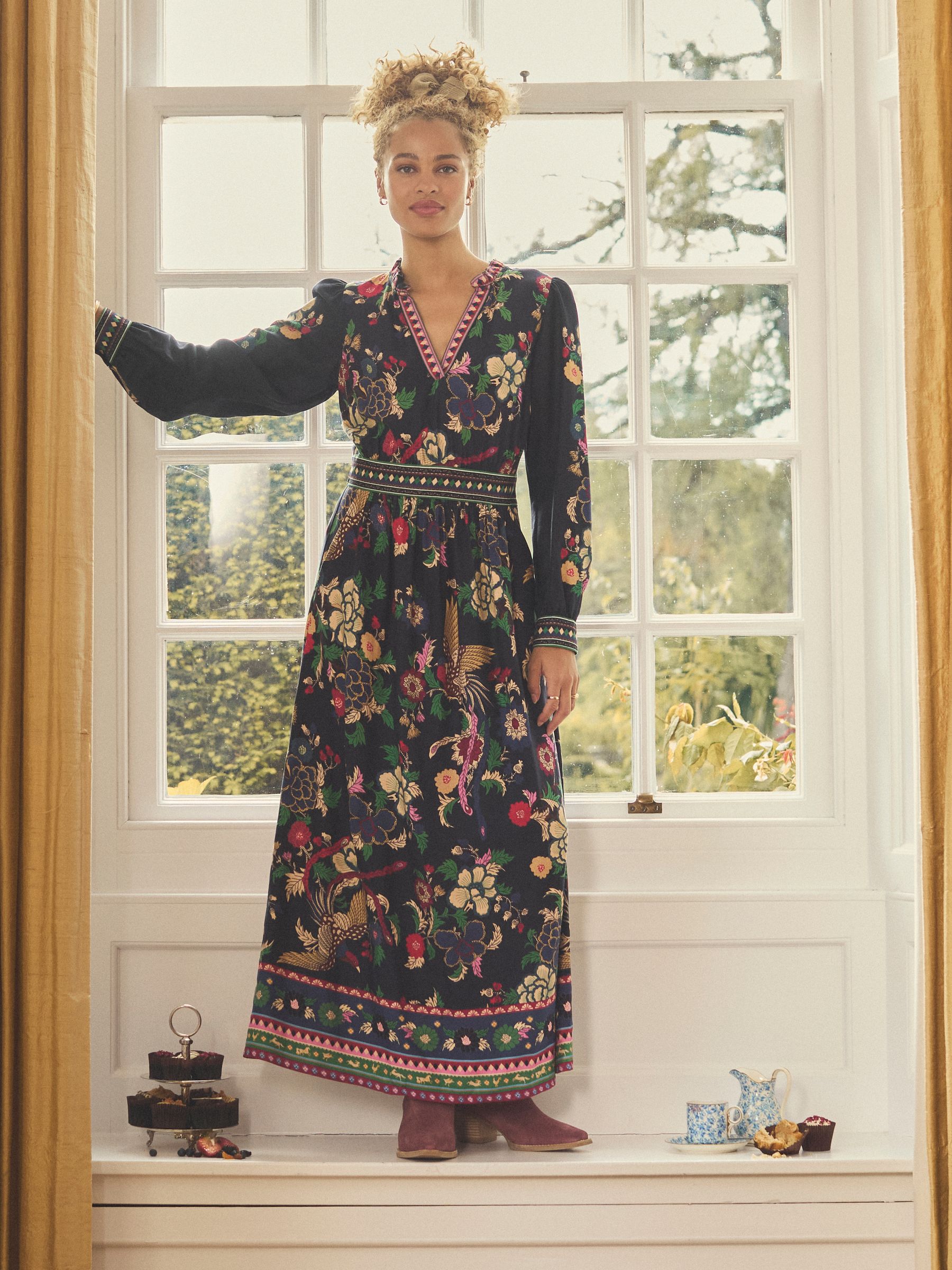 Joules Cressida Placement Floral Long Sleeve Maxi Dress