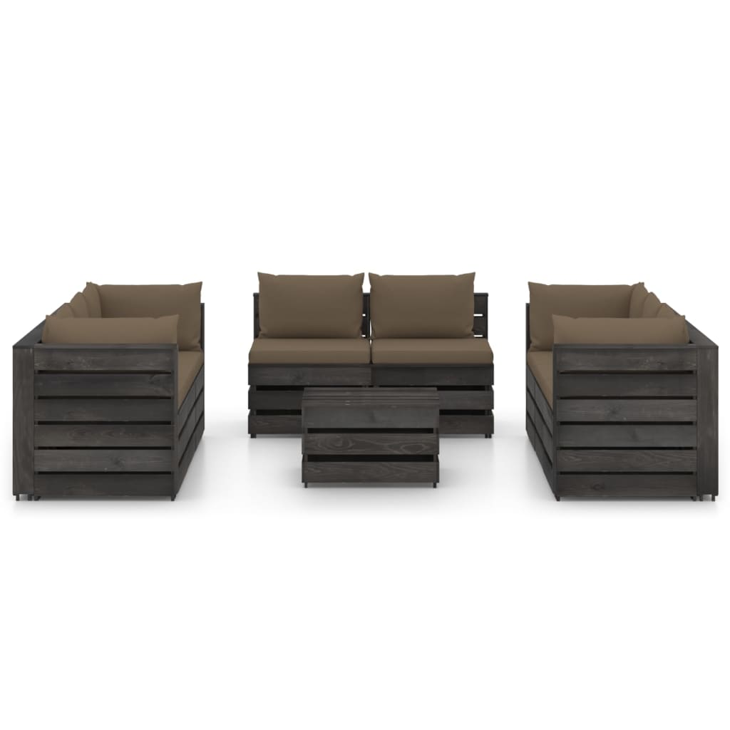 Salon de jardin meuble d'extérieur ensemble de mobilier 9 pièces avec coussins bois imprégné de gris