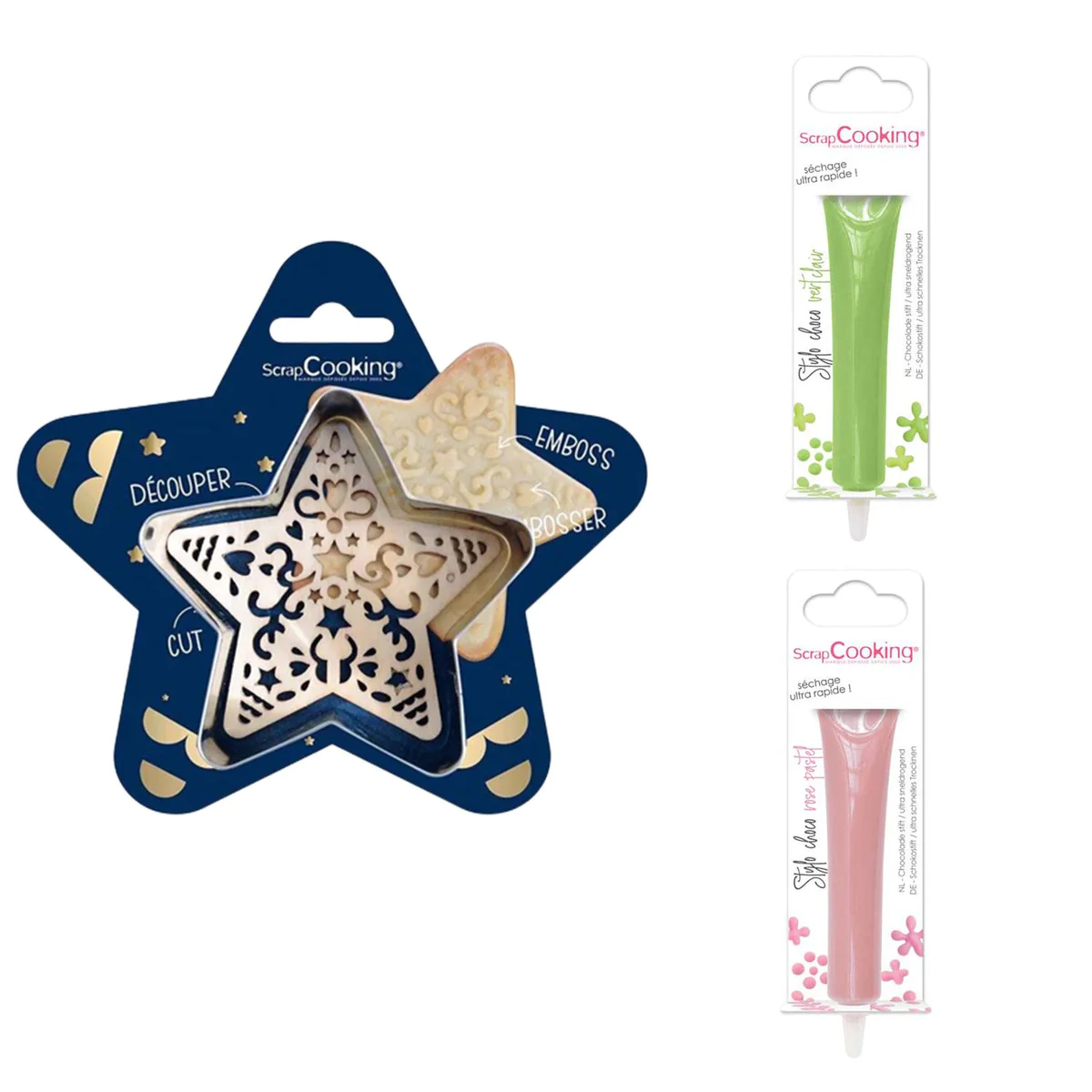 Kit pour biscuit en relief Étoile + 2 Stylos au chocolat vert clair et