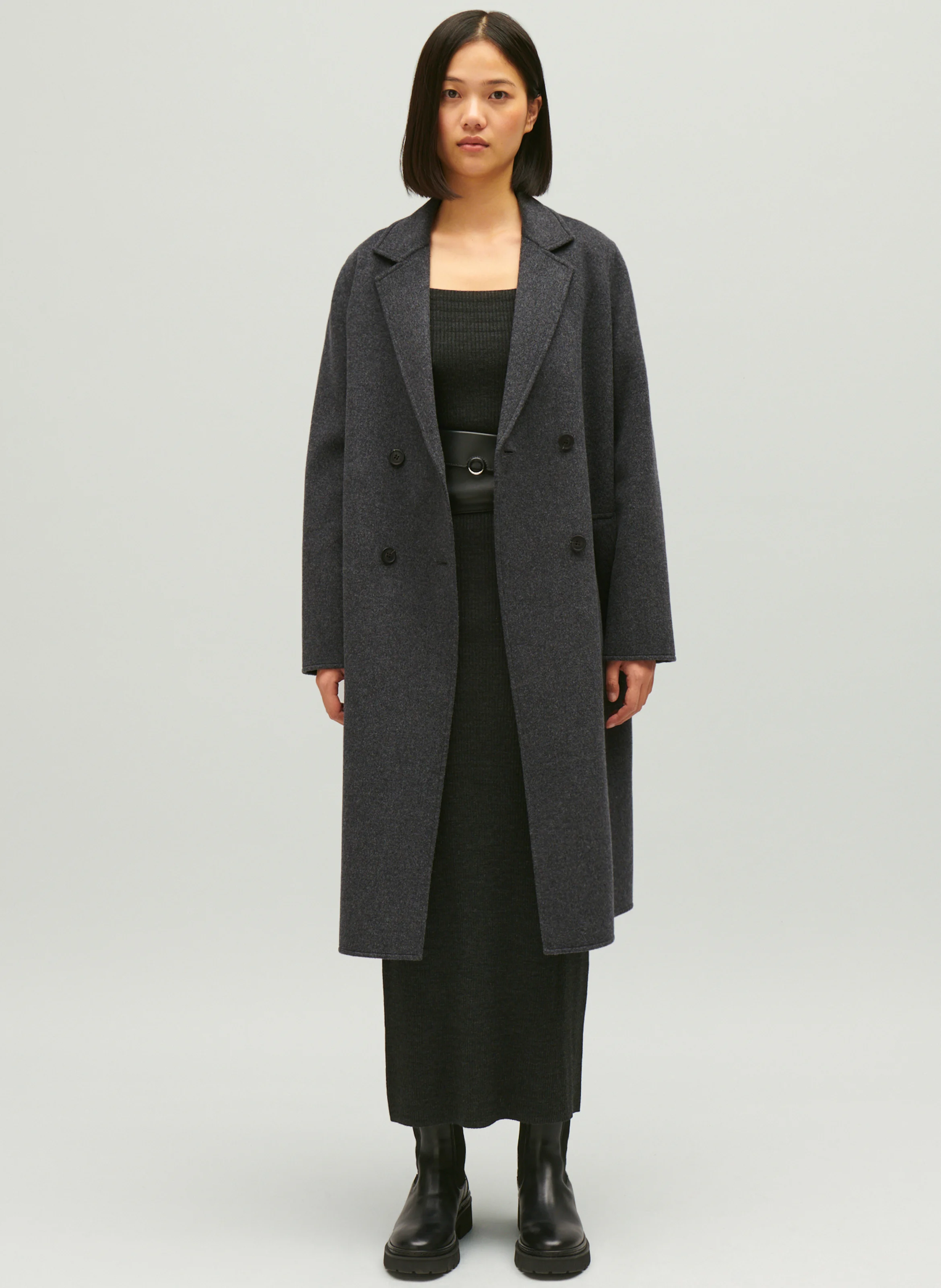 Manteau droit col tailleur en laine mélangée | Gris