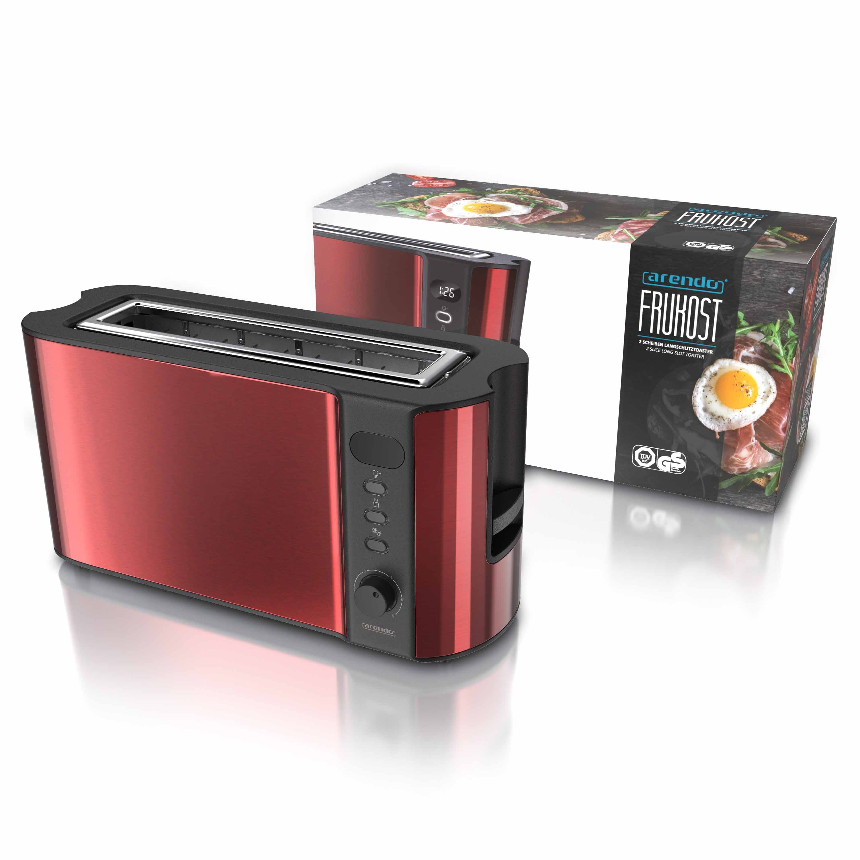 Arendo Toaster Langschlitz für 2 Scheiben, 1000 W, Brötchenaufsatz, Wärmeisoliert, Display, rot