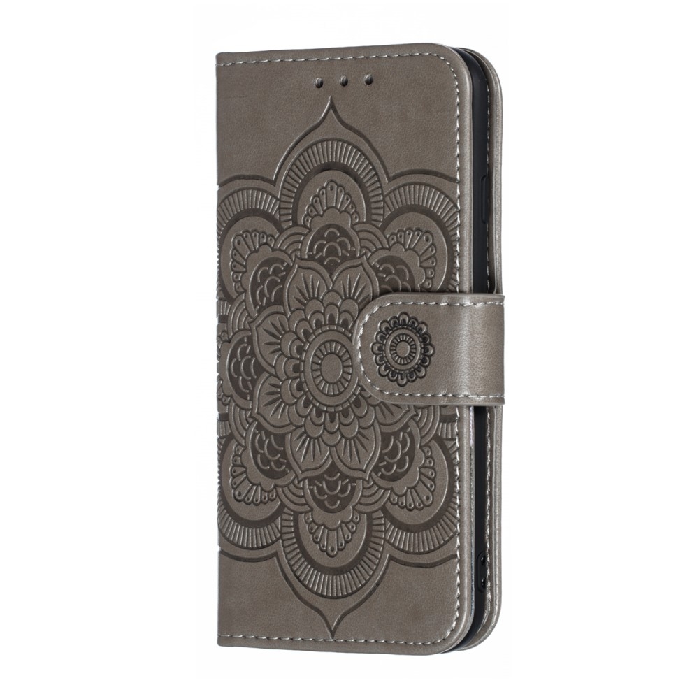 iPhone SE (2022/2020) / 8 / 7 Leder Tasche Wallet - Mandala Flowers Imprint - Grau