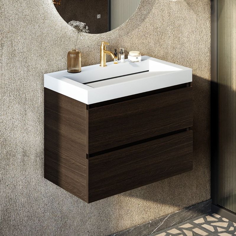 Fontana - Elena - Badkamermeubel - Kasteel Bruin - 80 cm - Met Solid Surface Wastafel - 1 Kraangat
