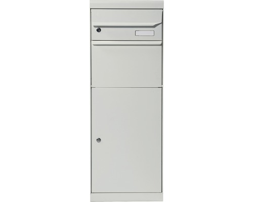 MEFA pakketbrievenbus, gepoedercoat staal, BxHxD 402/1091/310 mm, Esdoorn 661 wit aluminium RAL 9006 semi-mat, toegang aan de voorzijde, 2 compartimenten met naamplaatje