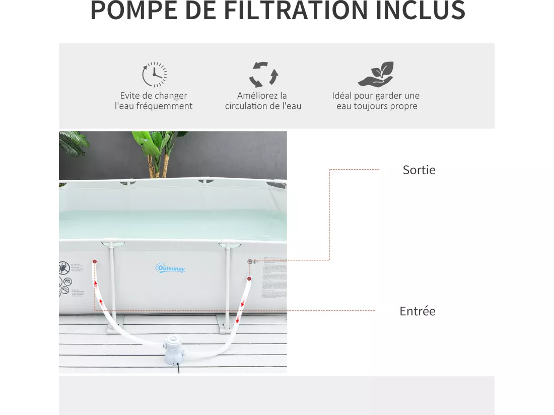 Piscine tubulaire hors sol rectangulaire cadre en métal avec filtre 292L x 190l x 75H cm gris