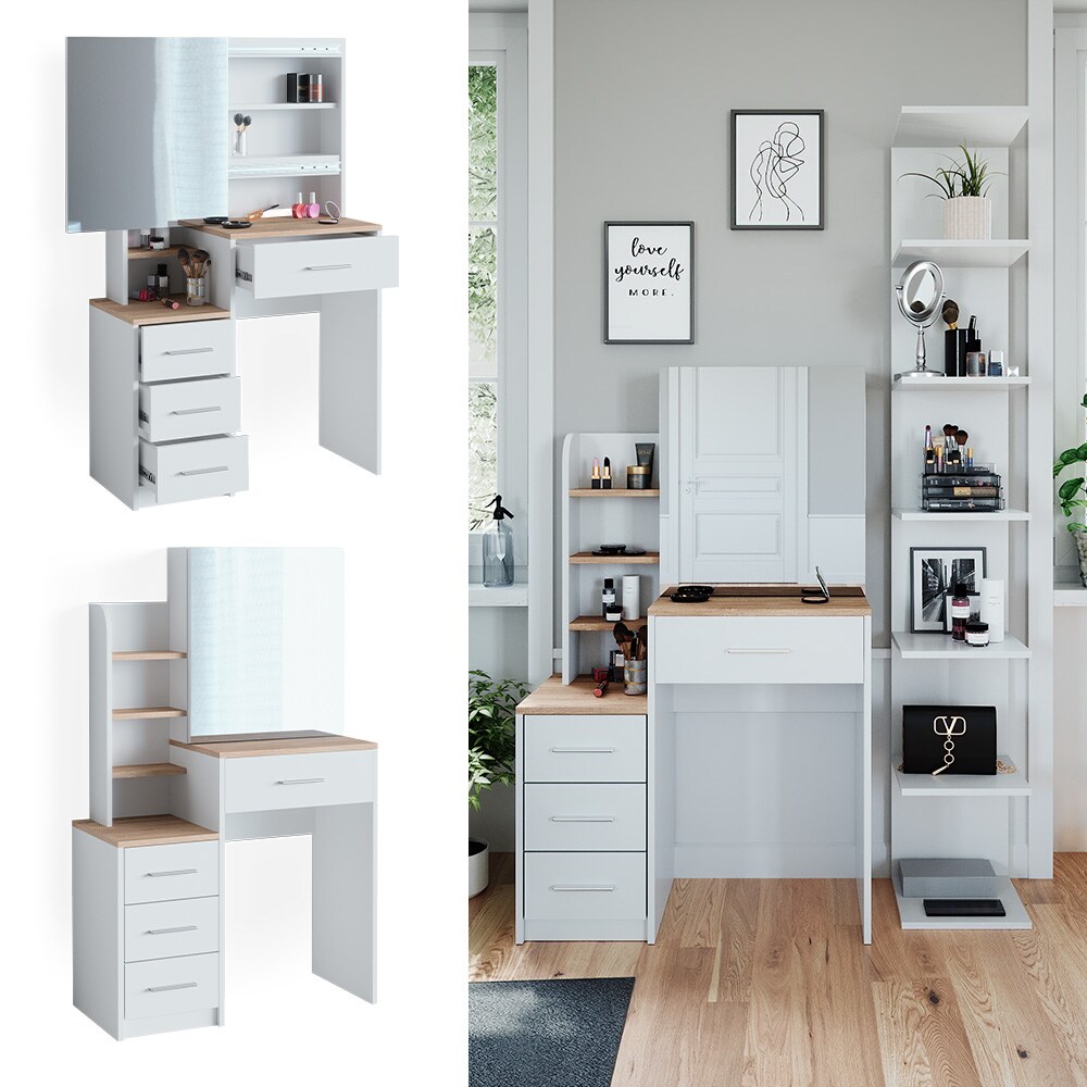 Vicco Schminktisch Frisiertisch Kosmetiktisch Conrada Weiß Sonoma Schminkspiegel 80x132 modern Schlafzimmerkommode Schminkkommode Schublade Spiegelschrank Frisierkommode Make-Up-Tisch
