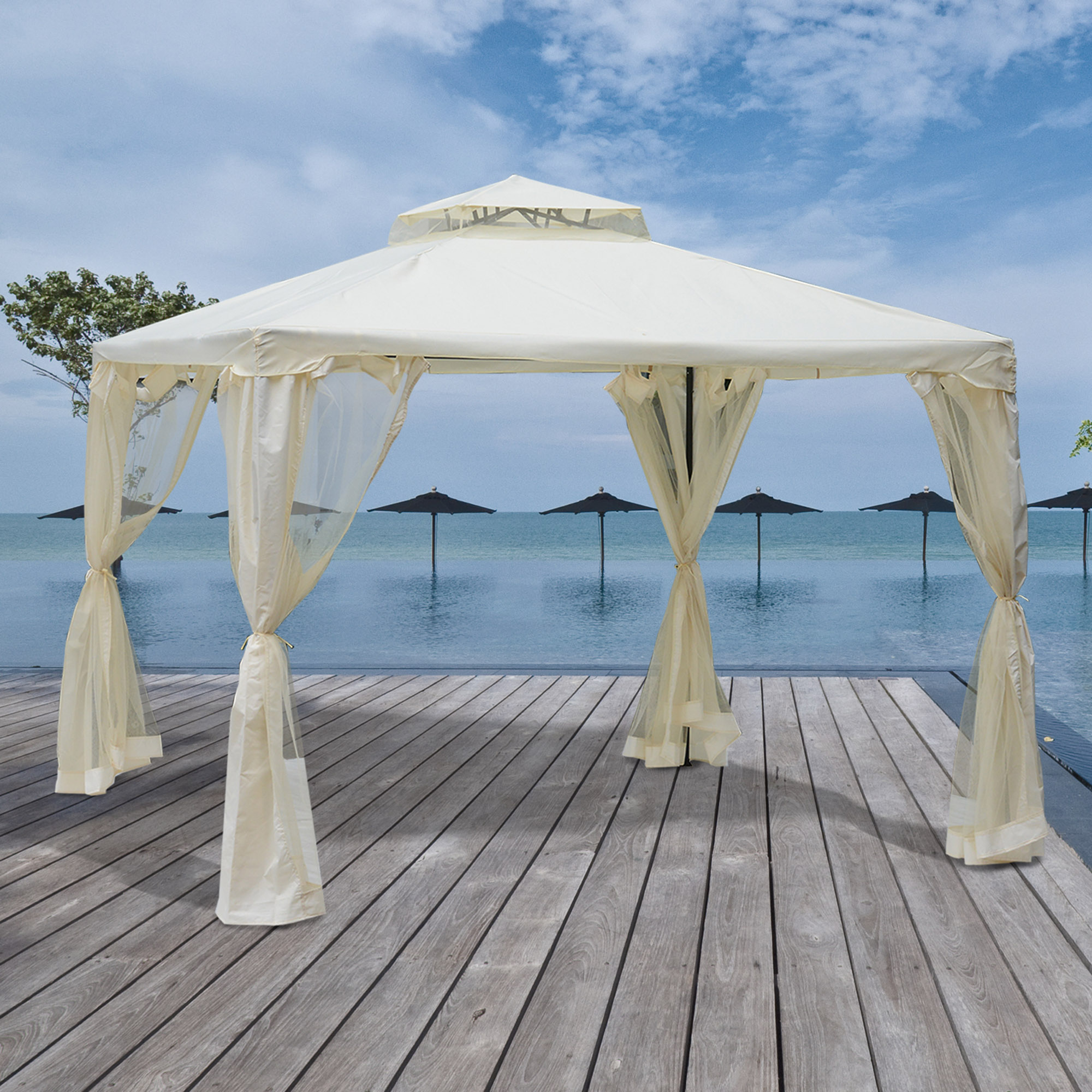 Gazebo de jardim Outsunny 3x3m, pavilhão externo com teto ventilado duplo, cortinas mosquiteiras com zíper em 4 lados, 8 orifícios de drenagem, gazebo para festas e pátio, creme.