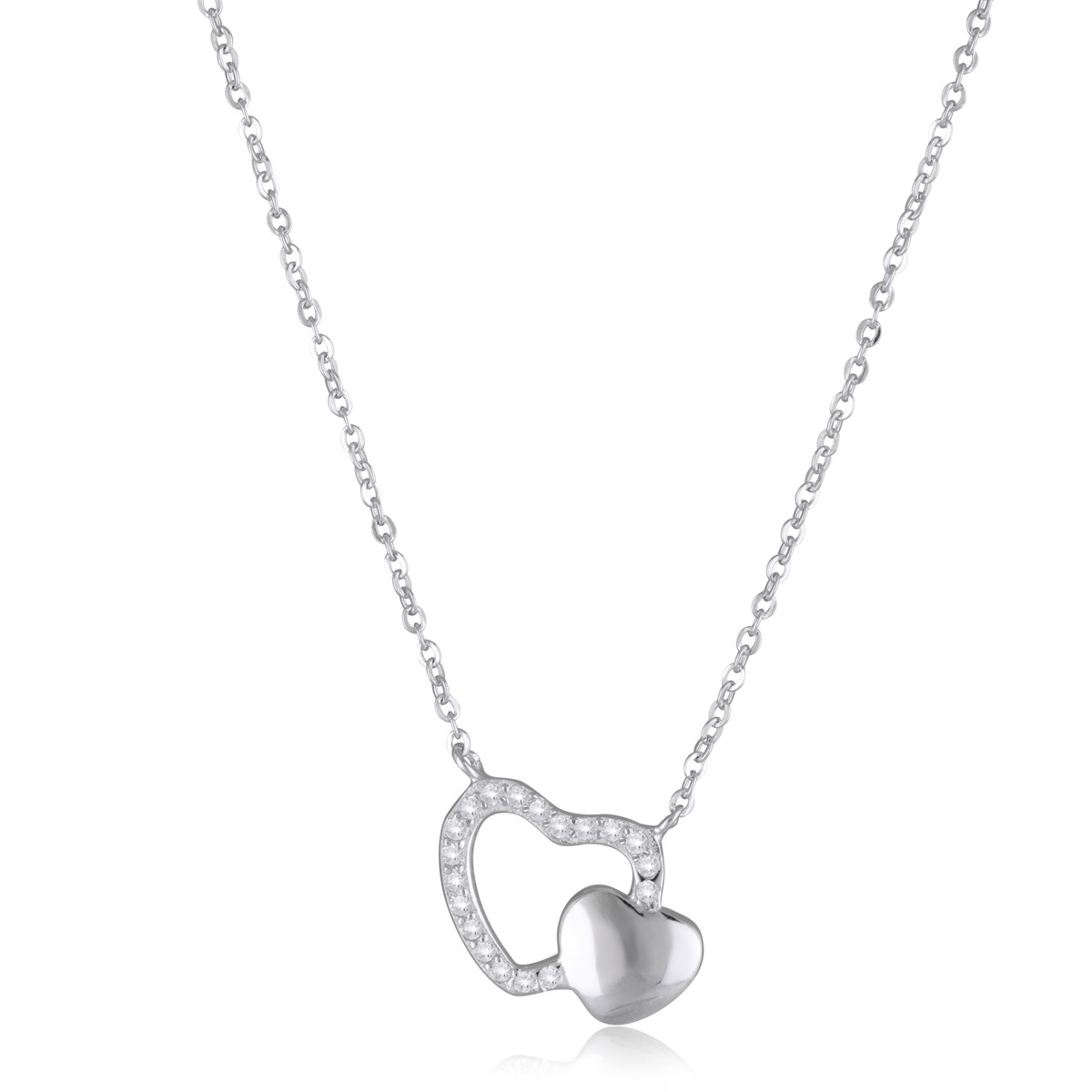 Collier argent  rhodié coeur avec cubic zirconia 45cm