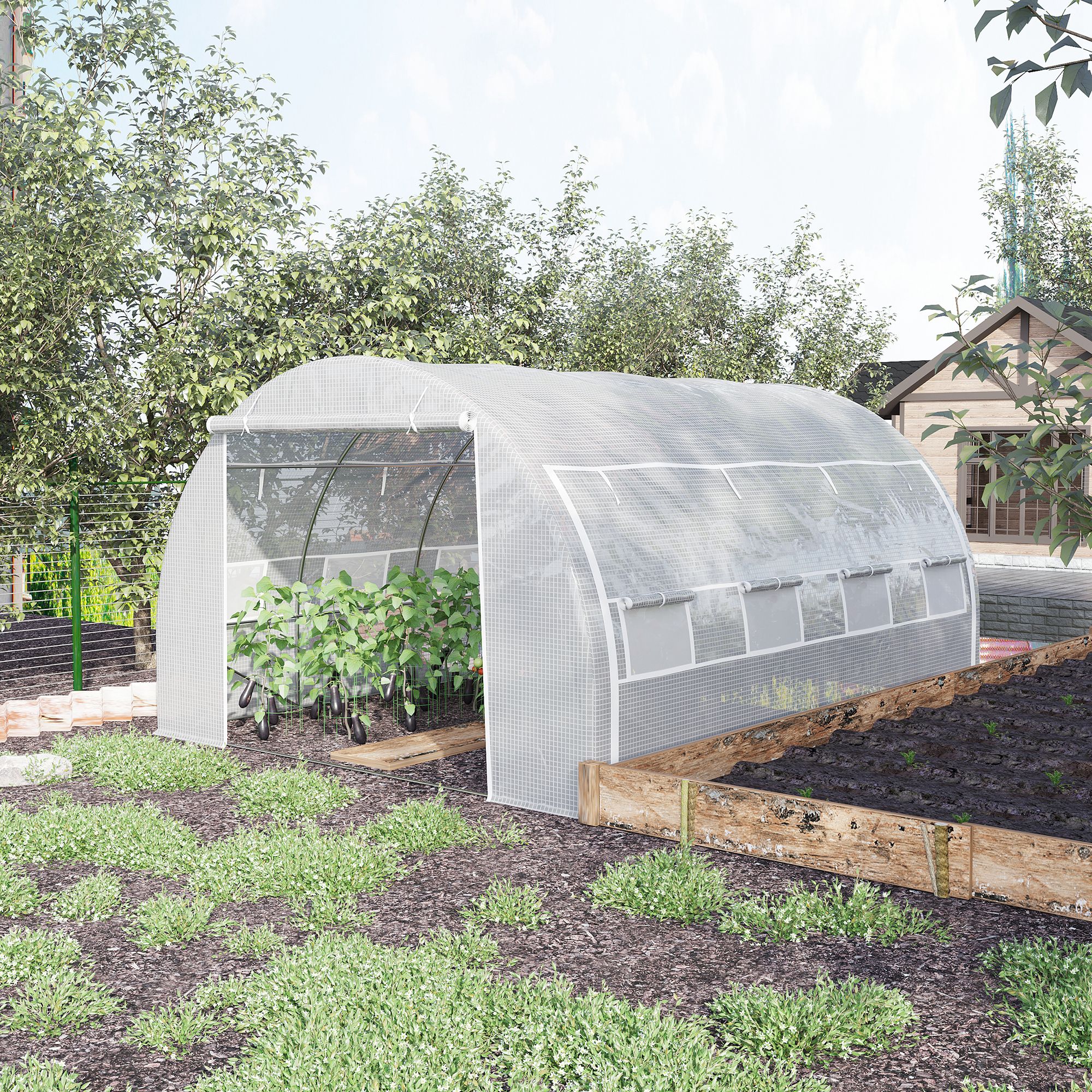 Estufa de jardim Outsunny Tunnel, 4x3x2 m, com porta e 8 janelas de enrolar, fabricada em polietileno de 140 g/m² e aço galvanizado, para cultivo de plantas e flores, branca.