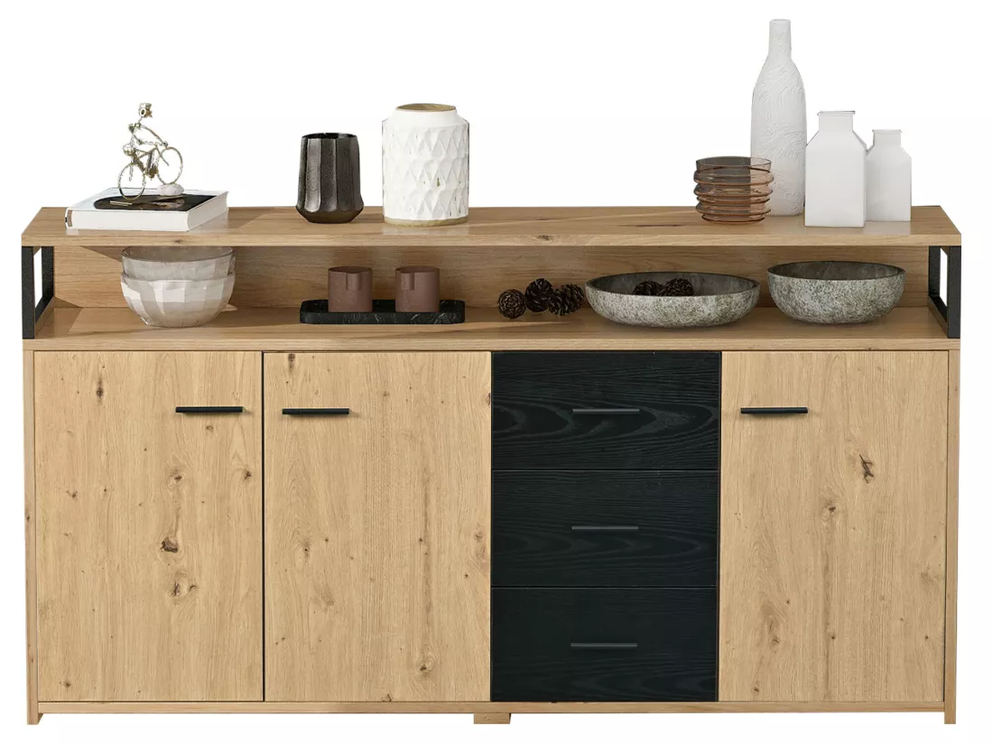 Buffet avec 3 portes et 3 tiroirs - panneaux de particules - coloris naturel et noir