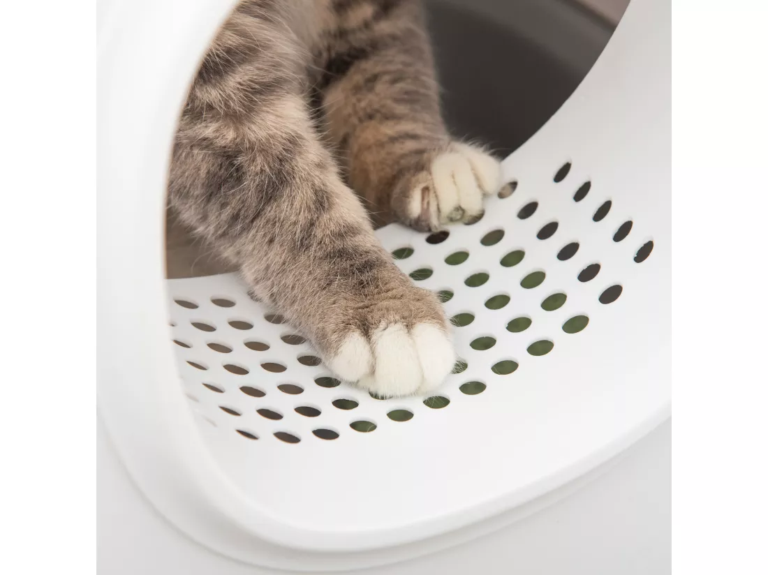 Maison de toilette litière pour chat - porte, couvercle ouvrant - pelle incluse - blanc gris clair