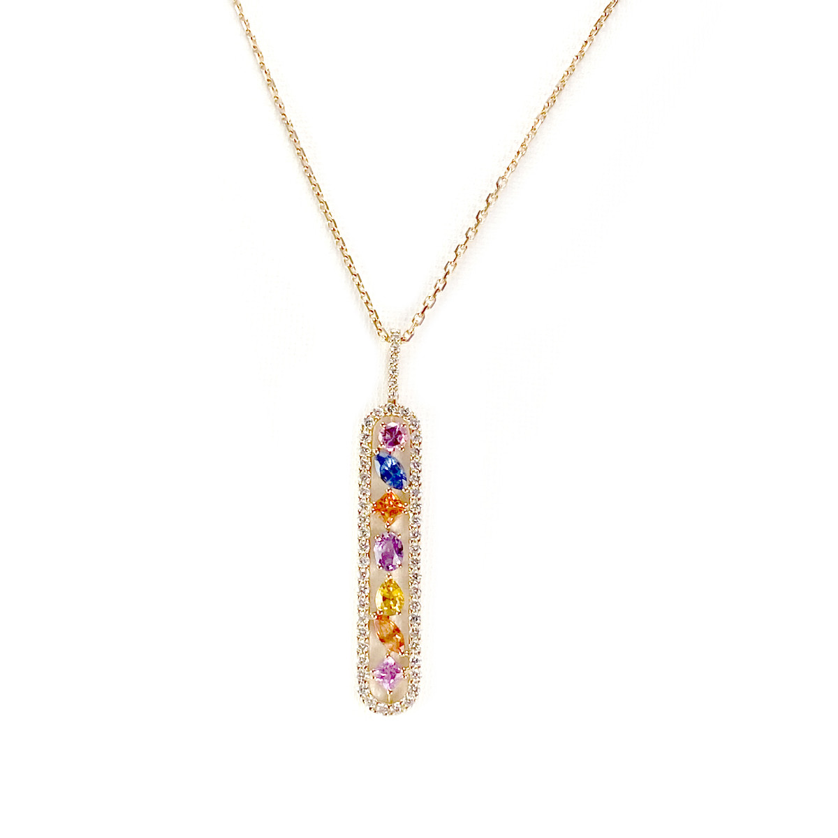 Collier d'occasion CESARE POMPANON or 750 rose saphirs diamants 42 cm