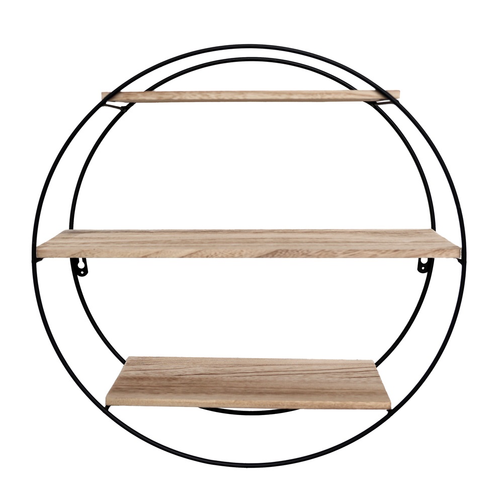 Etagère murale en métal noir - 3 planches en bois - ronde - 50x19 cm