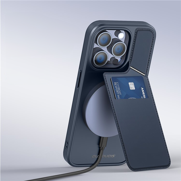 iPhone 15 Pro MagSafe Hybrid Leder Hülle mit Kartenfach   Kickstand Aufsteller (RFID Schutz) - Blau