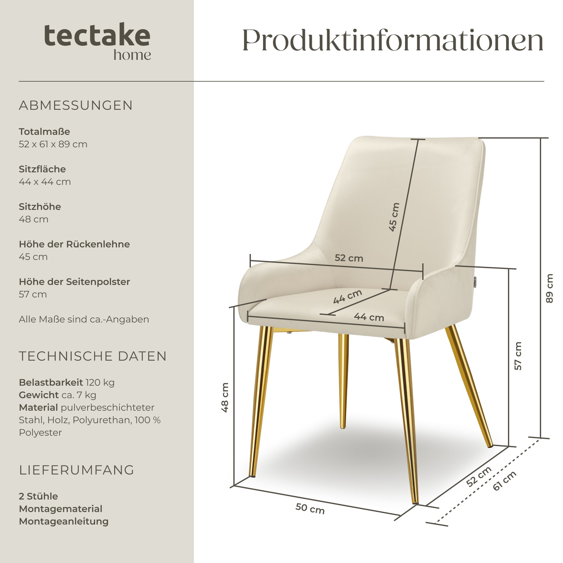 tectake® Polsterstuhl , in Samtoptik, gepolstert, schlanke, pulverbeschichtete Stahlbeine, 52 x 61 x 89 cm