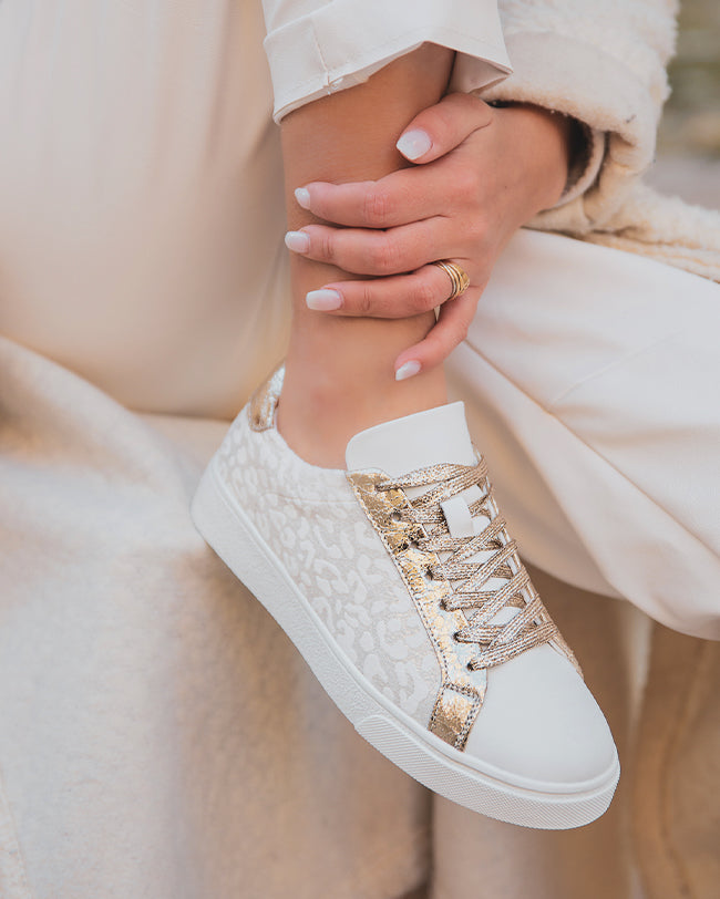 Basket femme blanche et dorée léopard à lacets - Eliana