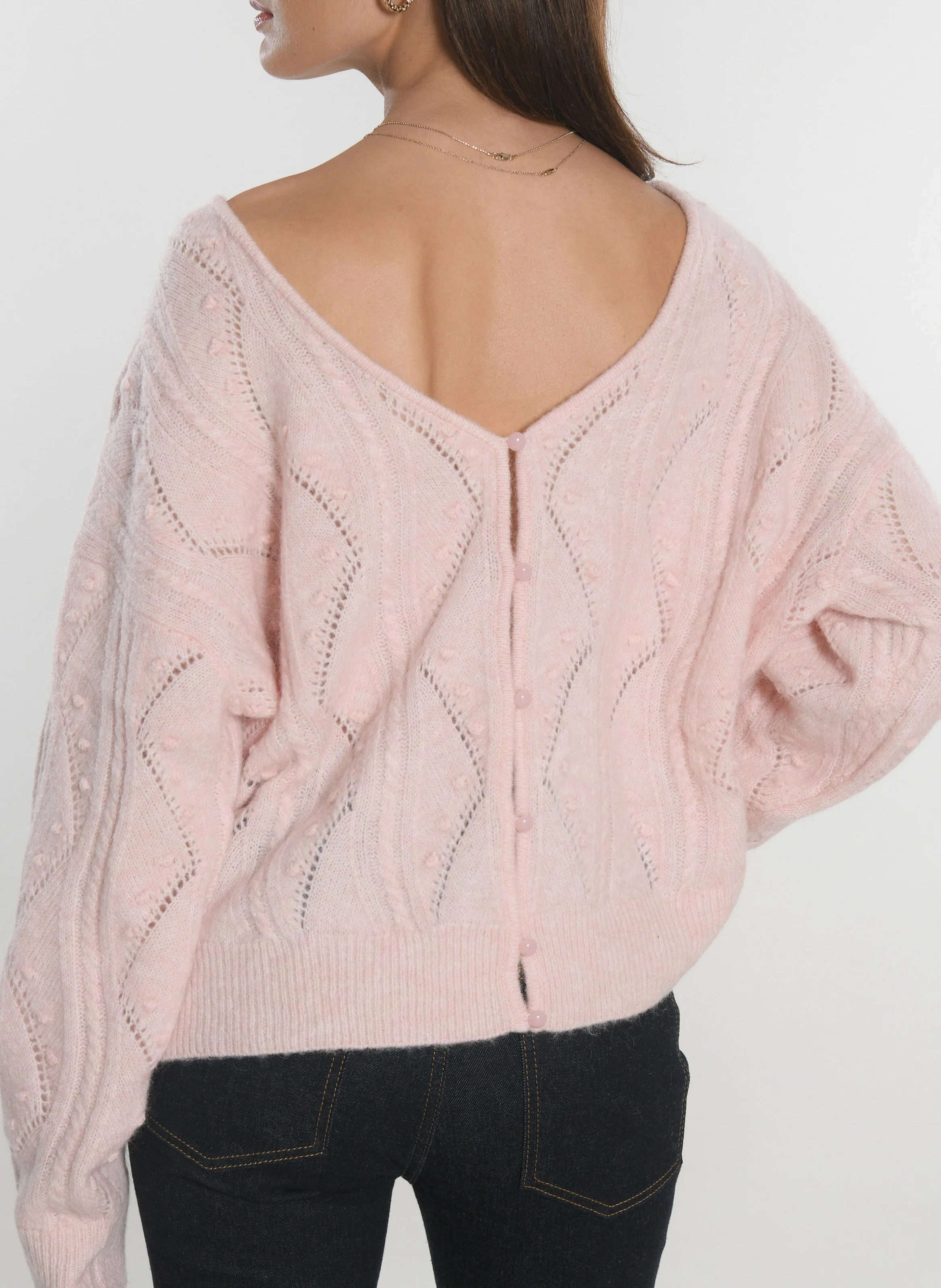 MONICA - Gilet maille fantaisie en laine | Rose