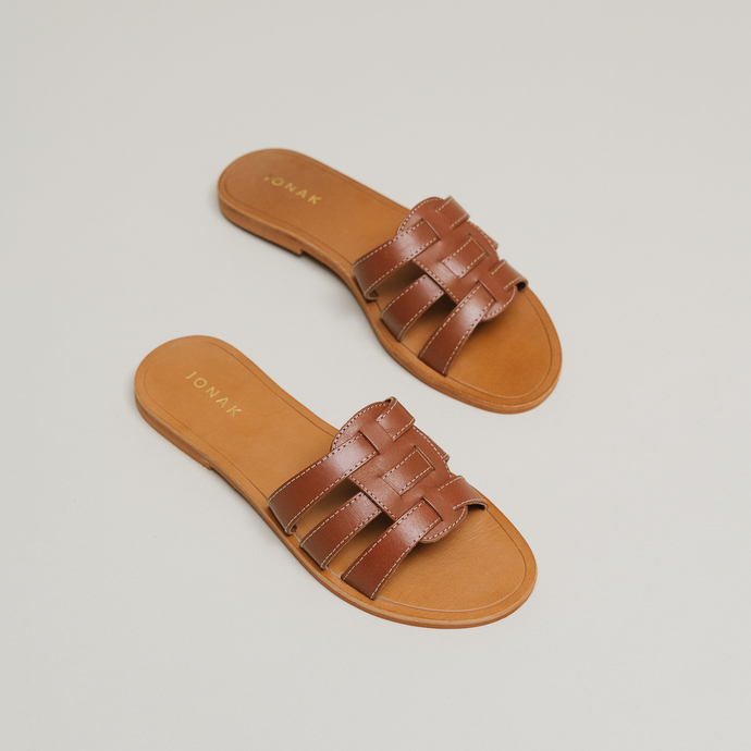 Mules à brides croisées  en cuir cognac