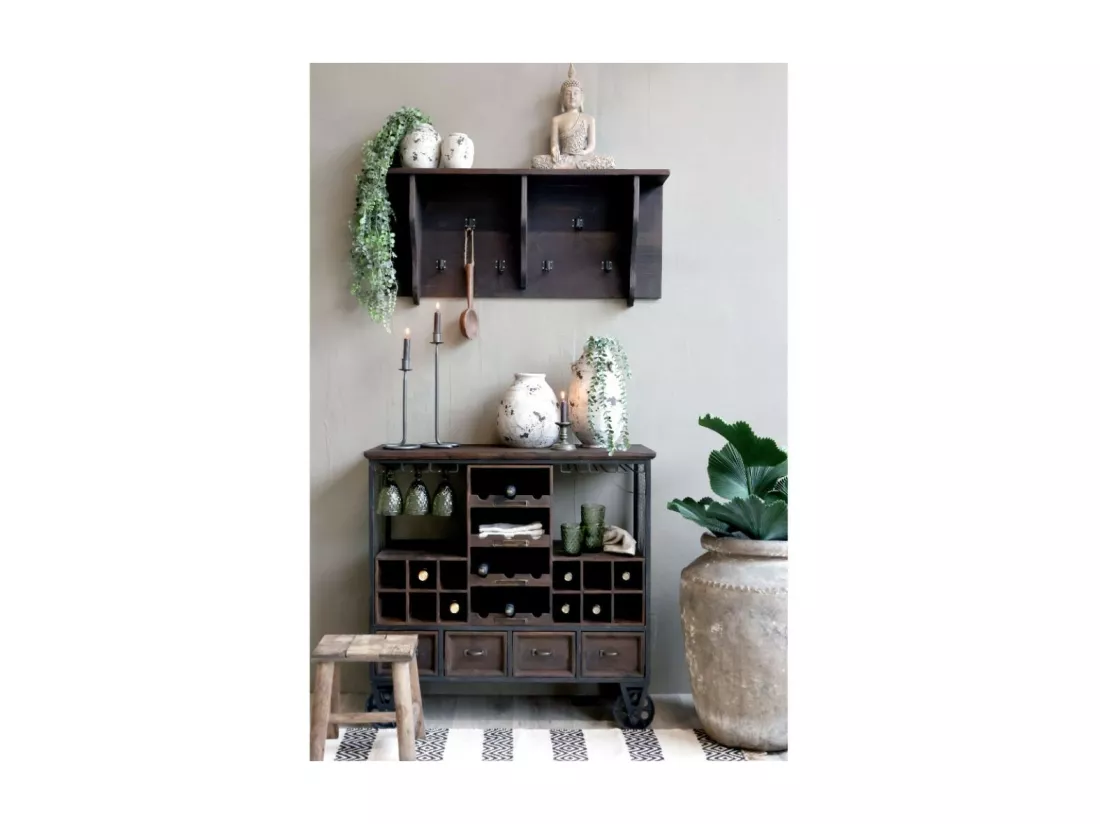 Chariot de bar desserte en bois marron et fer bleu 94 x 37 x 91 cm