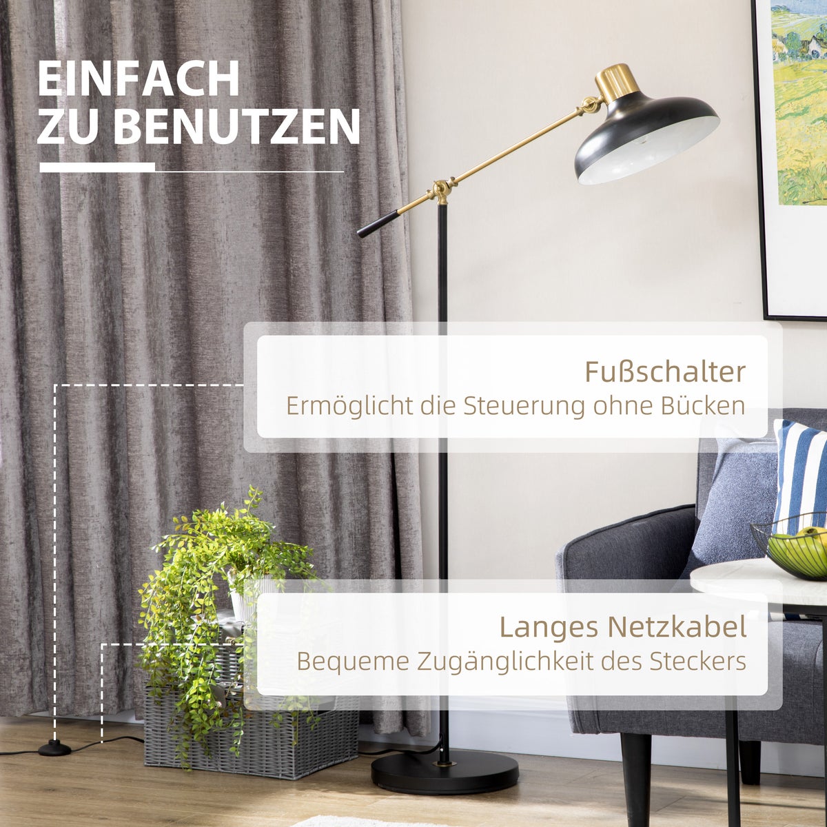 HOMCOM Staande lamp, 80L x 30B x 124-165H cm, Metaal, Zwart