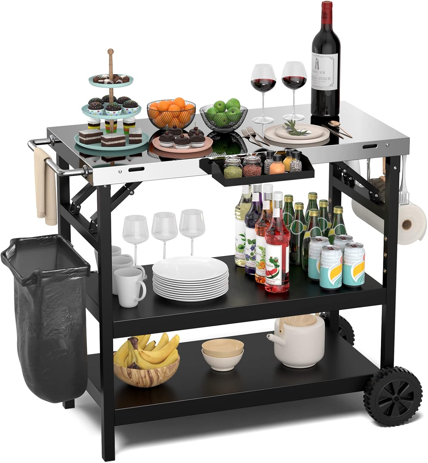 COSTWAY Grilltisch mit 3 Ablagen, Grillwagen mit Verstellbarer Ablage, Telefonständer, Gewürzregal, Handtuchhalter, Taschentuchhalter & Haken, Outdoor Servierwagen Beistelltisch