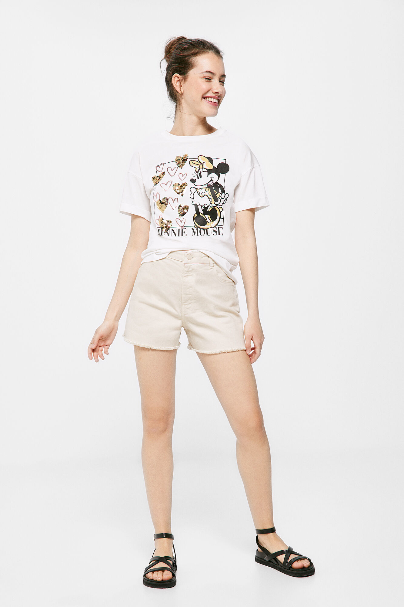 Camiseta Minnie Mouse com Corações - bege