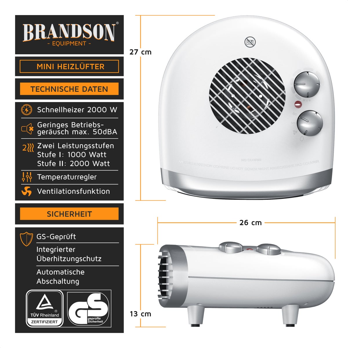 Brandson 2000W ventilatorkachel, regelbare thermostaat, oververhittingsbeveiliging, automatische uitschakeling, 3 vermogensniveaus, wit/zilver