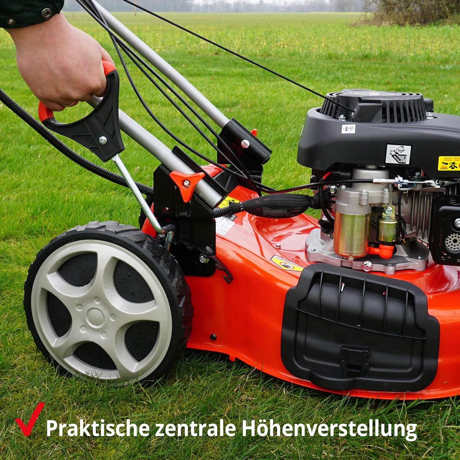 HECHT 5-IN-1 Benzin Rasenmäher – leistungsstarker 4 Takt Eco Motor - Mit Radantrieb – Elektrostart – 46 cm Schnittbreite – bis 1200m² – patentierte Räder mit Extra Grip – Mulchmäher, Rasenmäher Benzin