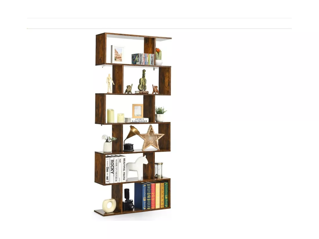 Bibliothèque Industriel en Forme de S, Étagère à 6 Niveaux, Meuble de Rangement avec Anti-basculement, 80 x 23 x 191 cm, pour Salon, Chambre, Bureau, Marron
