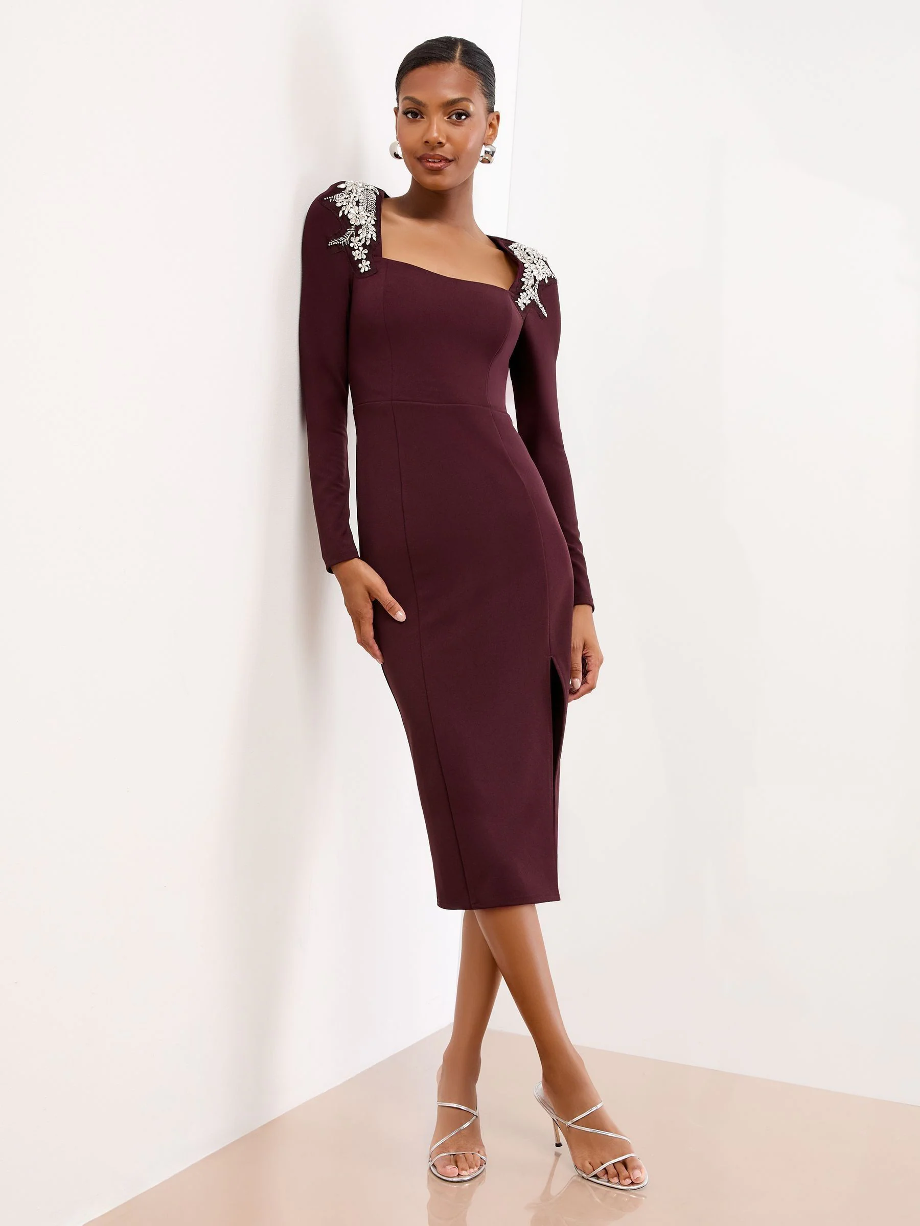 Lipsy Embellished Shoulder Trim Long Sleeve Bodycon Midi Dress