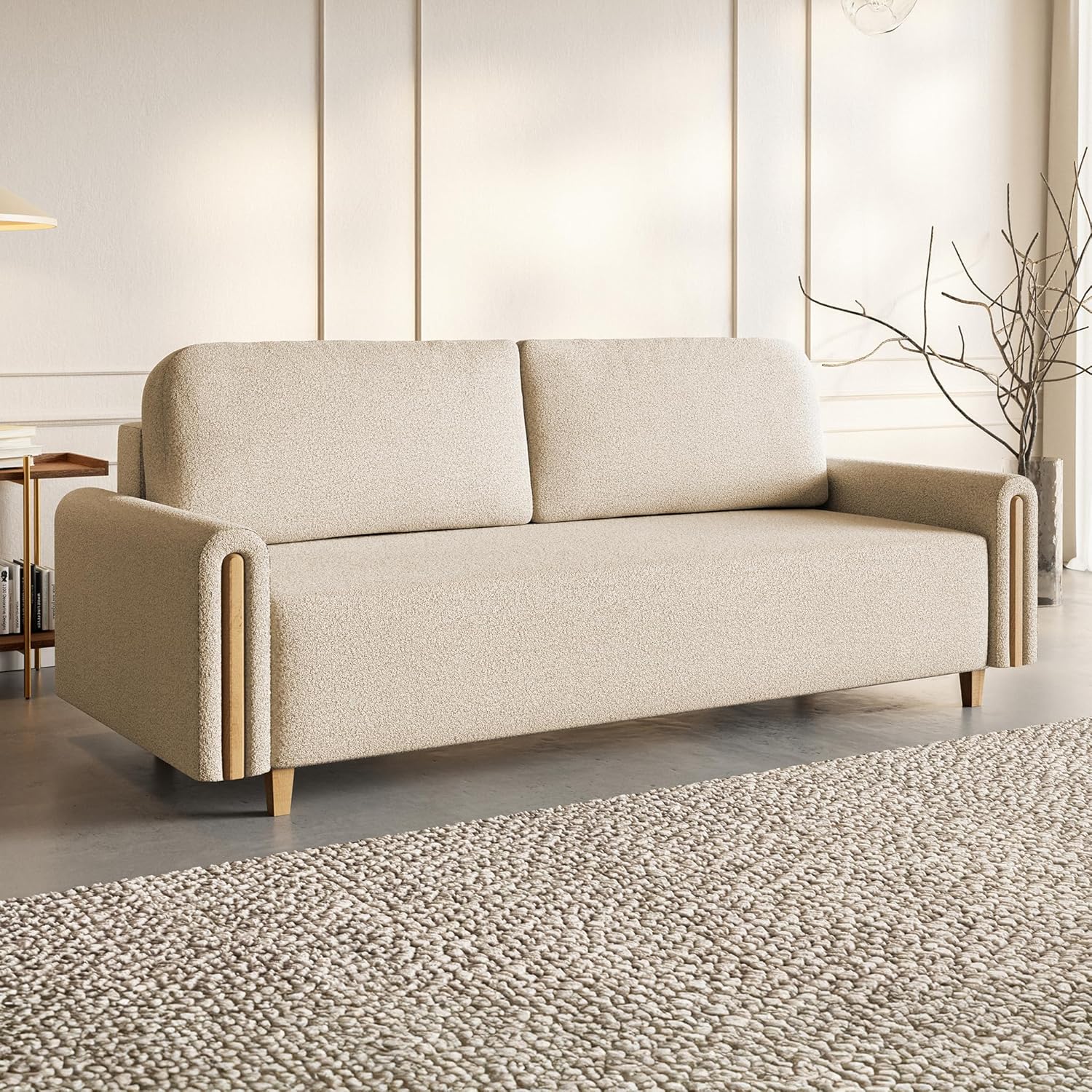 Notti 3 Sitzer Sofa mit Bettfunktion, Schlafsofa 235 cm Breit, Klappsofa mit Schlaffunktion, Schlafsofa mit Bettkasten, Bettsofa mit Schlaffunktion, Boucle Sofa Beige (Creme)